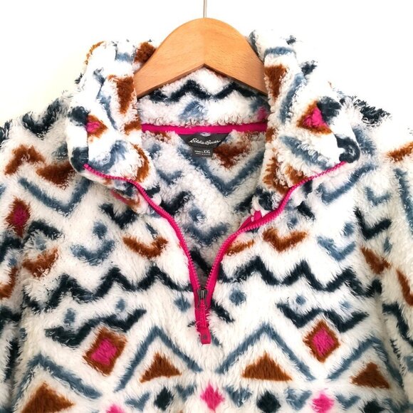 Eddie Bauer White Aztec Print Teddy Plush Fleece Pullover Quarter Zip Up Jacket - Picture 3 of 5